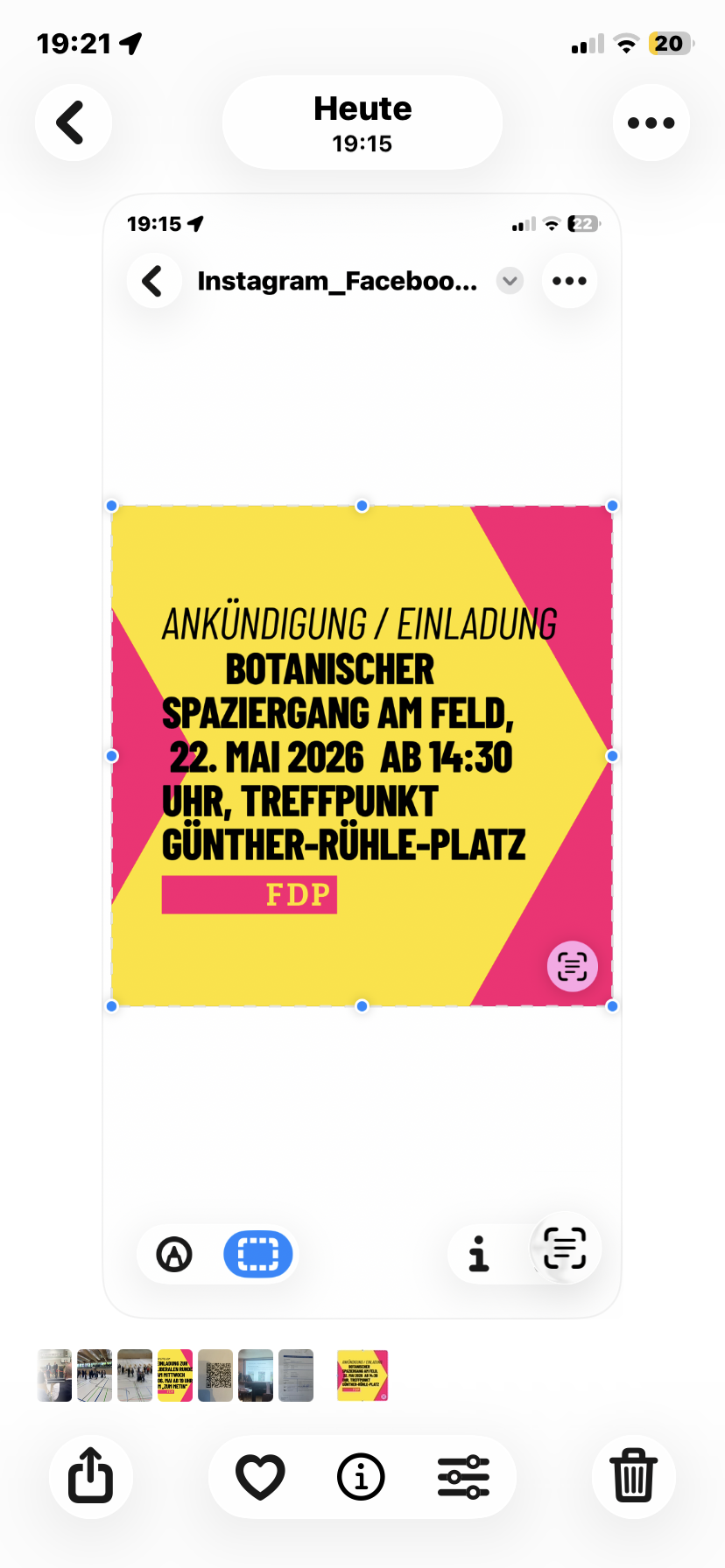 Eine schriftliche Einladung zum botanischen Spaziergang ab 14:30 Uhr am 22. Mai 2026. Treffpunkt ist der Günther Rühle Platz in Eppelheim.
